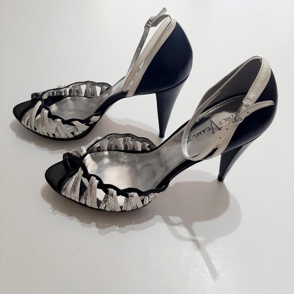 VINCE CAMUTO Regal Black & White Heels Cone Peep Toe Heels Size 10B - Picture 3 of 7